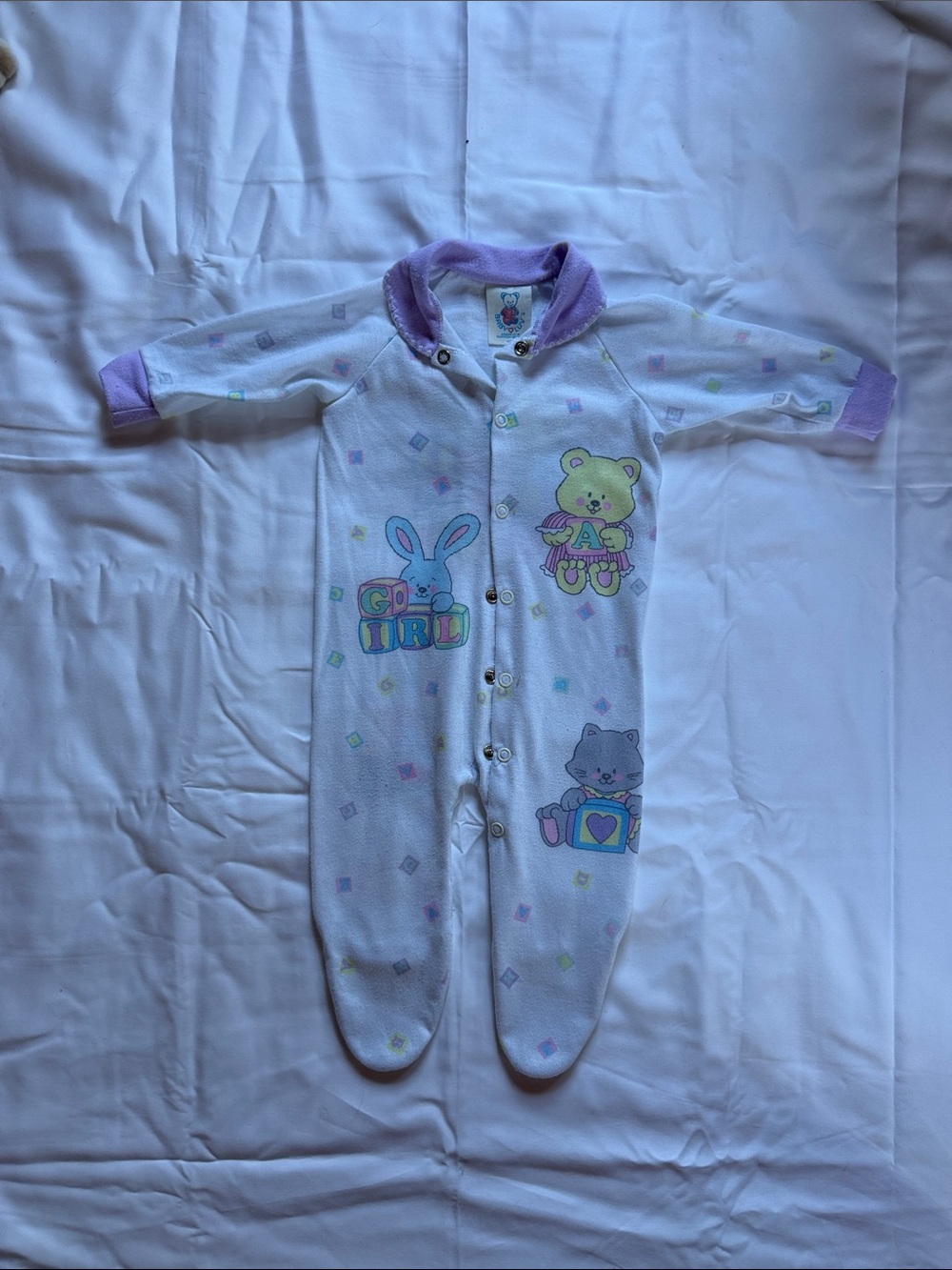 Vintage 1990s Little Me Pastel Baby Girl Footed Onesie with Animal Prints